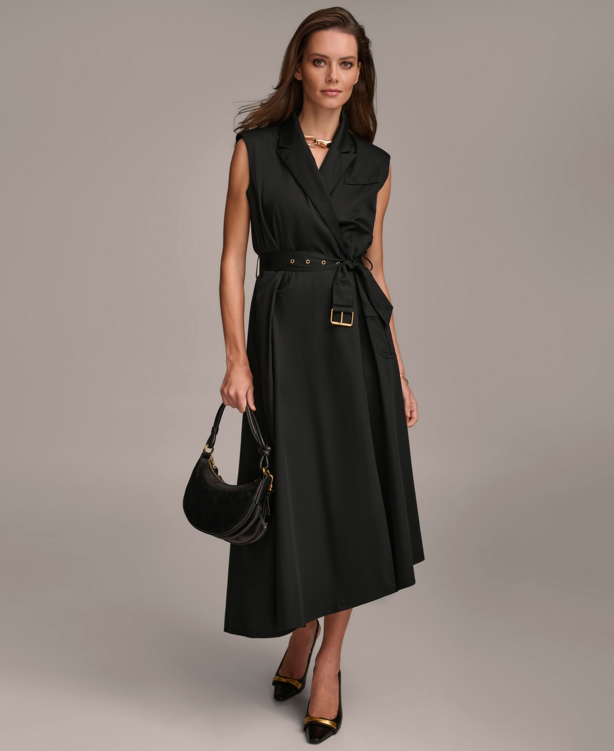Women's Belted Sleeveless Shirt Dress - Black