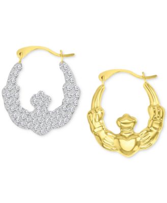 Crystal Pav&eacute; Wavy Patterned Small Hoop Earrings in 10k Gold, 0.73"