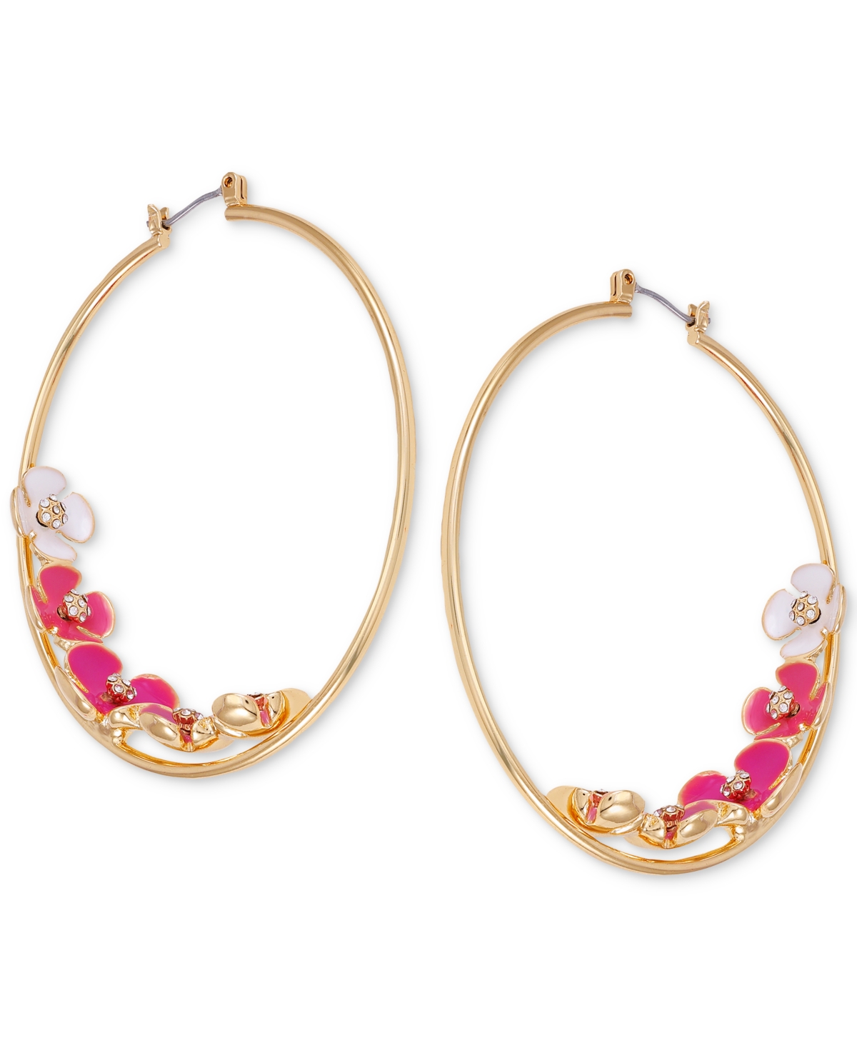 Guess Gold-tone Pink Flower Large Hoop Earrings, 2.25"