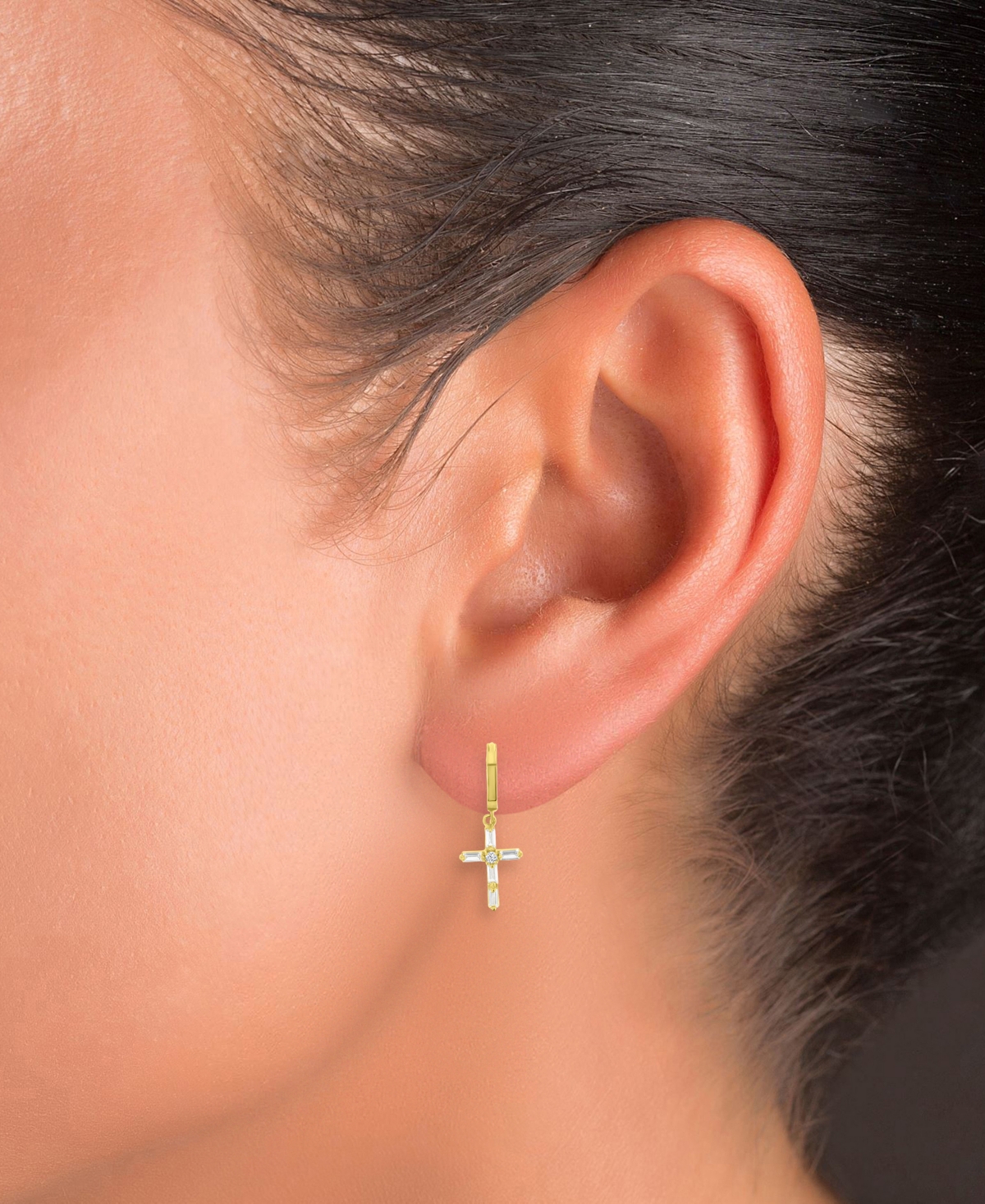 Shop Macy's Cubic Zirconia Round & Baguette Cross Dangle Hoop Drop Earrings In 14k Gold
