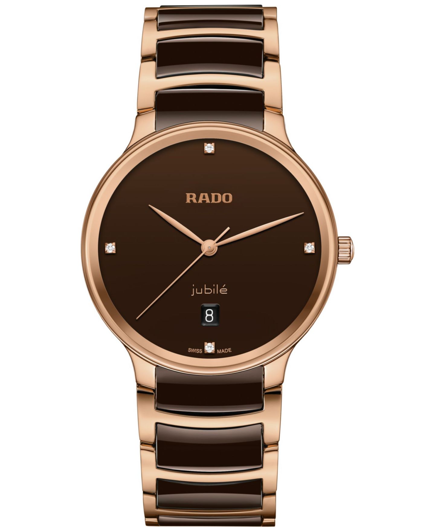 Часы Rado Unisex Swiss Centrix Diamond (1/20 ct. t.w.) Brown Ceramic & Rose Gold PVD Bracelet Watch 40mm — фото 1