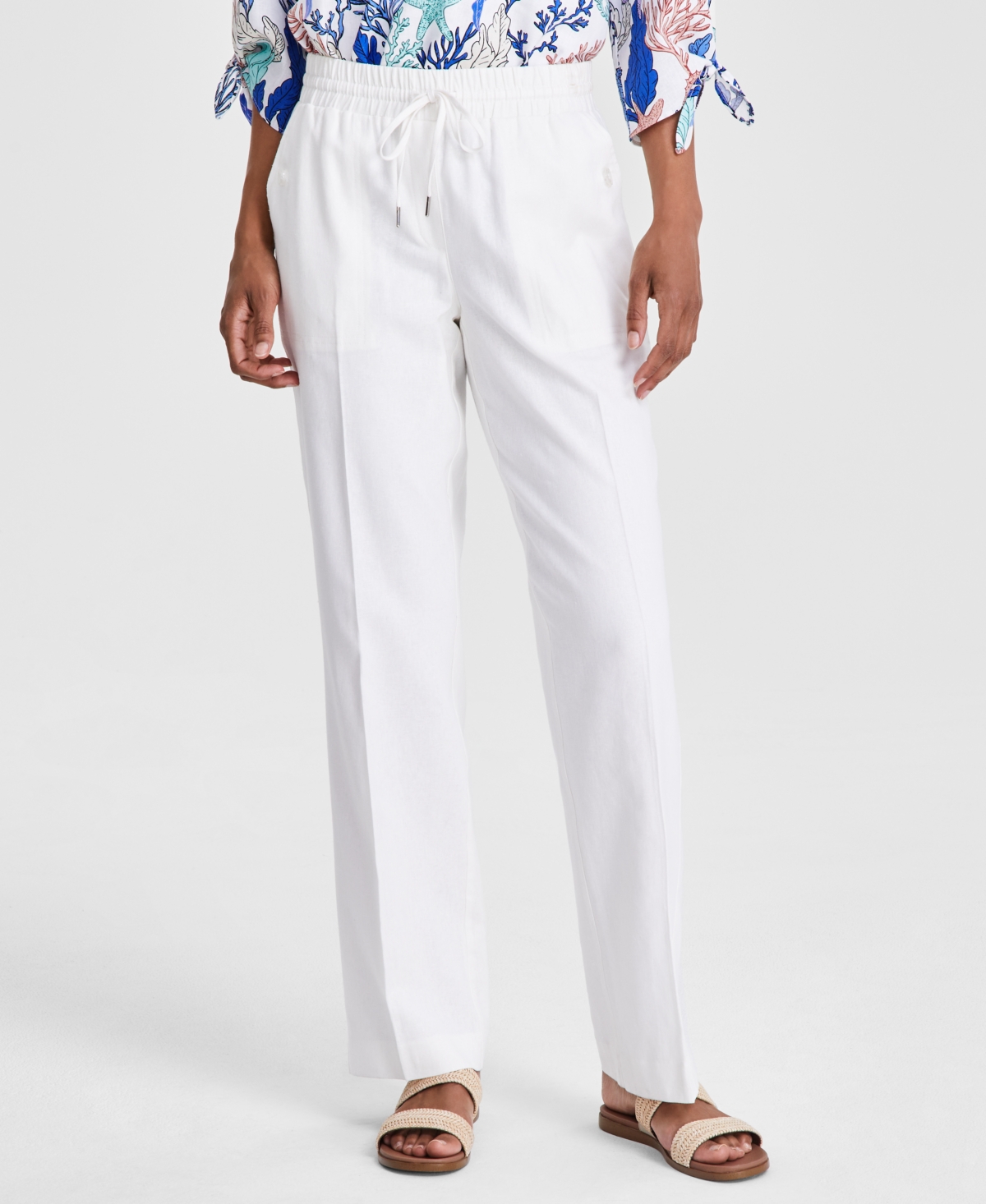 Women's Linen Drawstring-Waist Buttoned-Pocket Pants - NYC White