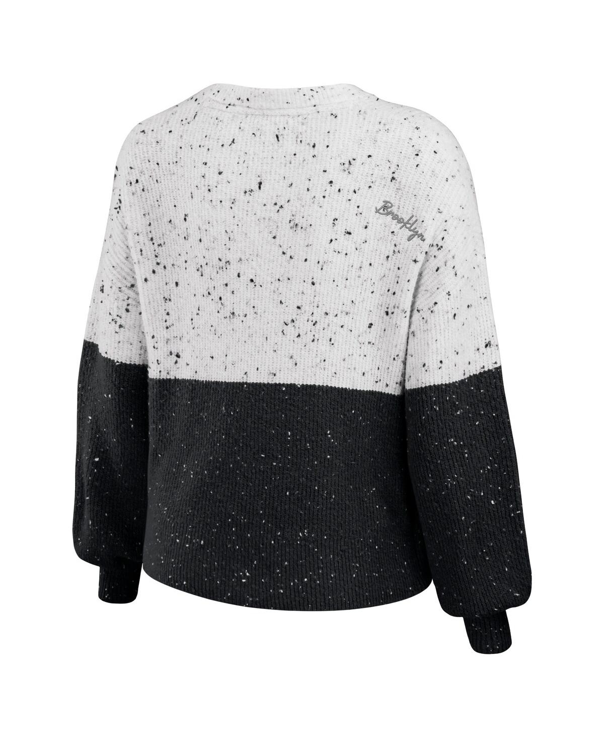 WEAR BY ERIN ANDREWS WOMEN'S WEAR BY ERIN ANDREWS WHITE, BLACK BROOKLYN NETS COLOR-BLOCK PULLOVER SWEATER 