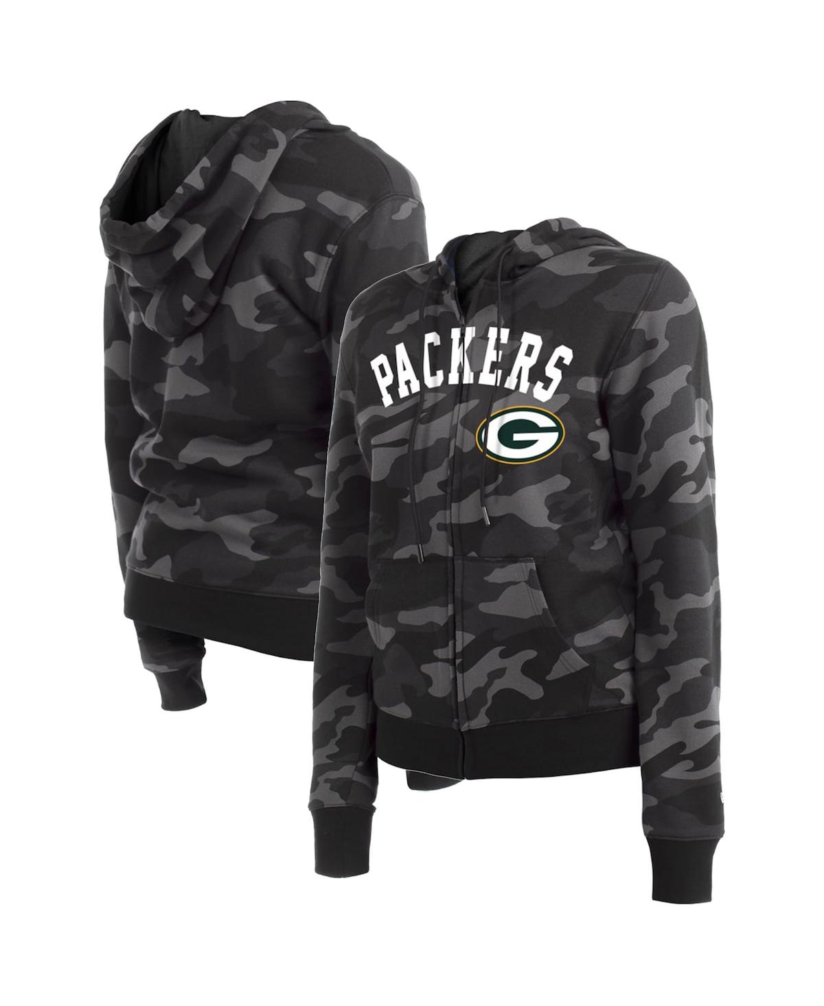 Women's New Era Black Green Bay Packers Camo Full-Zip Hoodie - Black