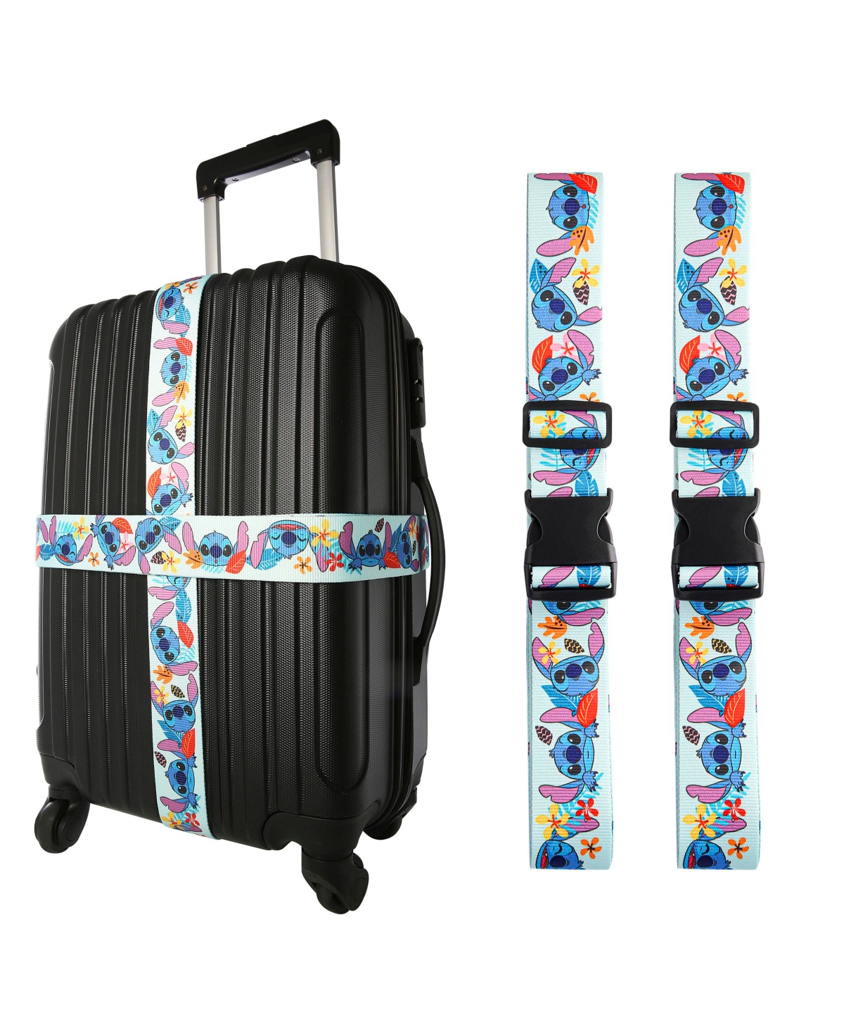 Stitch Luggage Strap 2-Piece Set Officially Licensed, Adjustable Luggage Straps from 30'' to 72'' - Blue, white