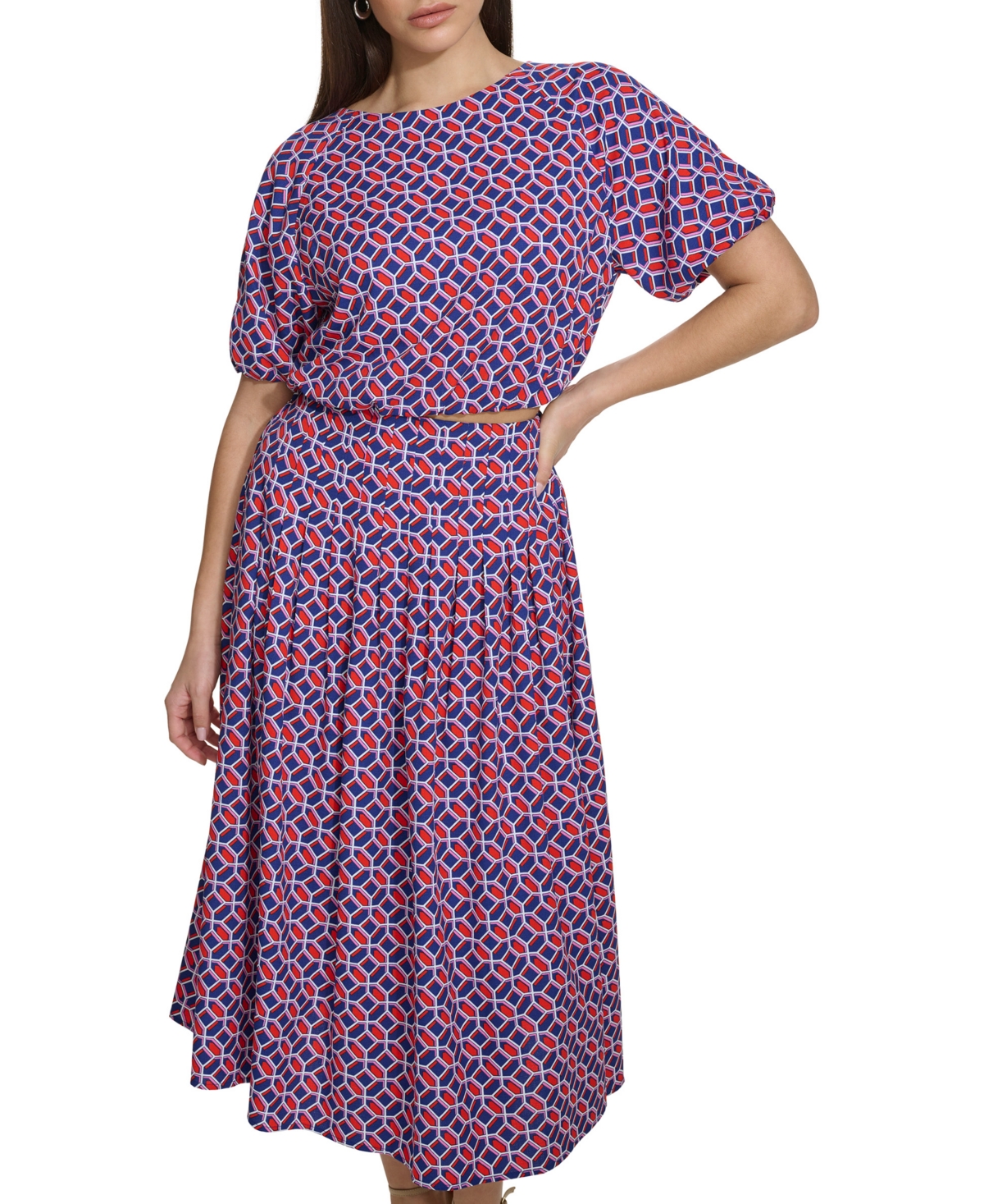 Shop Kensie Women's Geo-print Puff-sleeve Midi 2-pc. Dress In Geomtrc Co