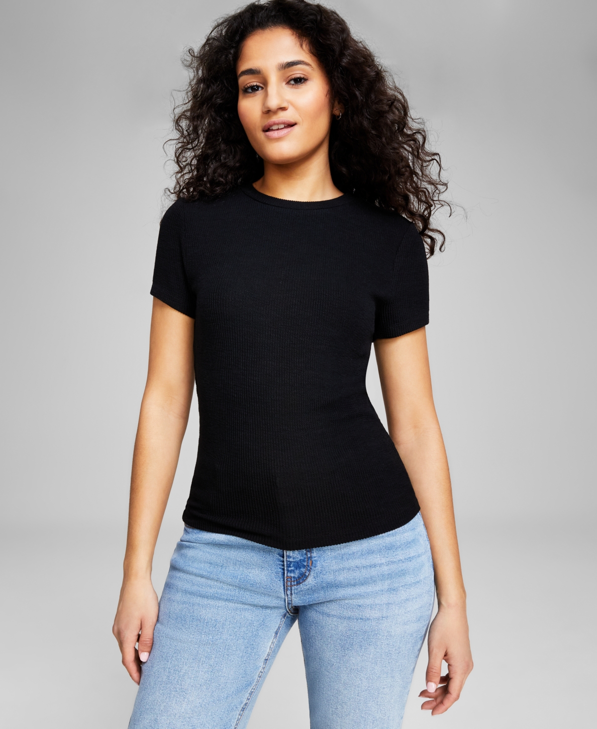 Shop And Now This Women's Ribbed Crewneck Short-sleeve T-shirt, Created For Macy's In Black