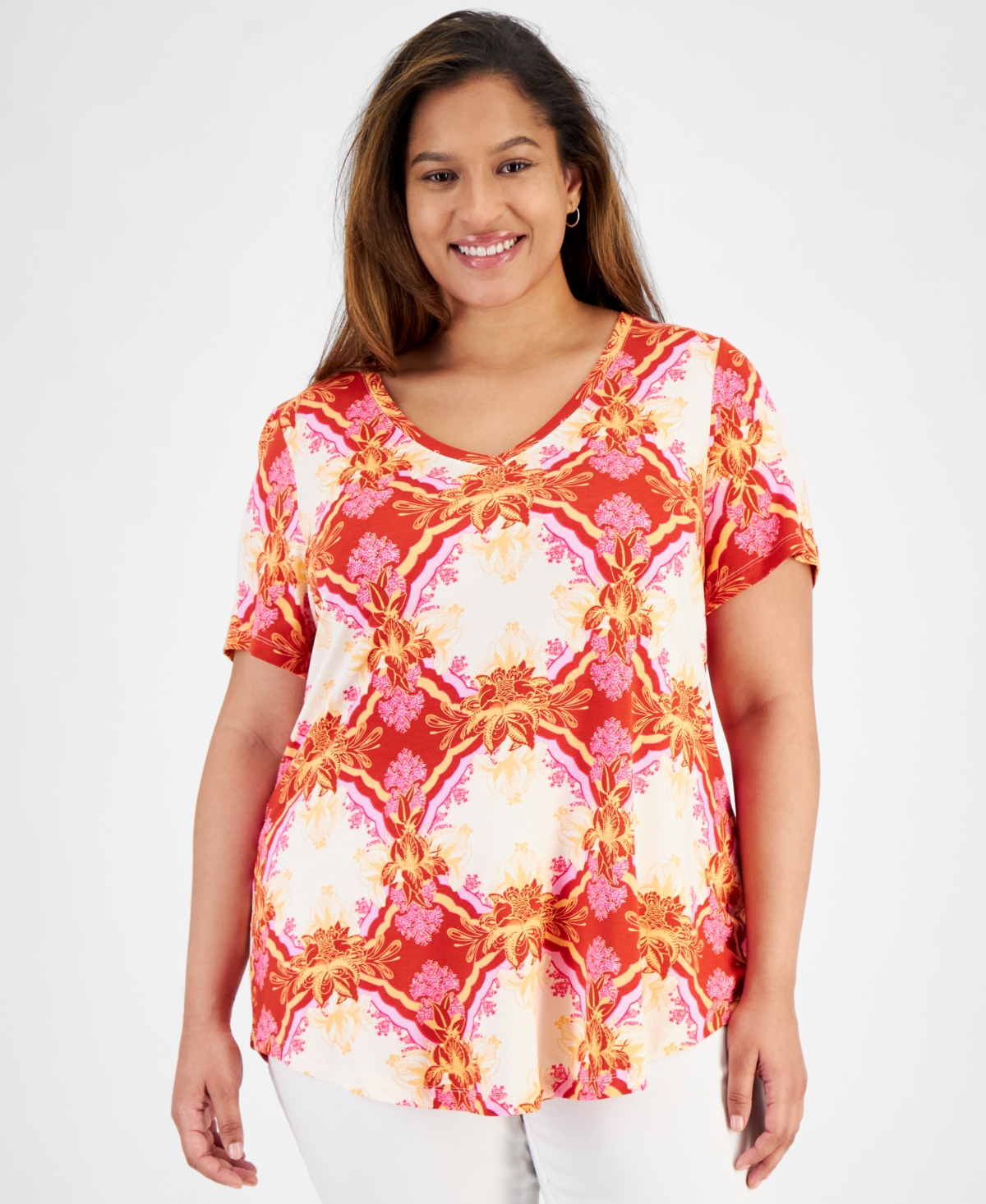 Plus Size Lush Print V-Neck Top, Created for Macy's - Pumpkin Seed Combo