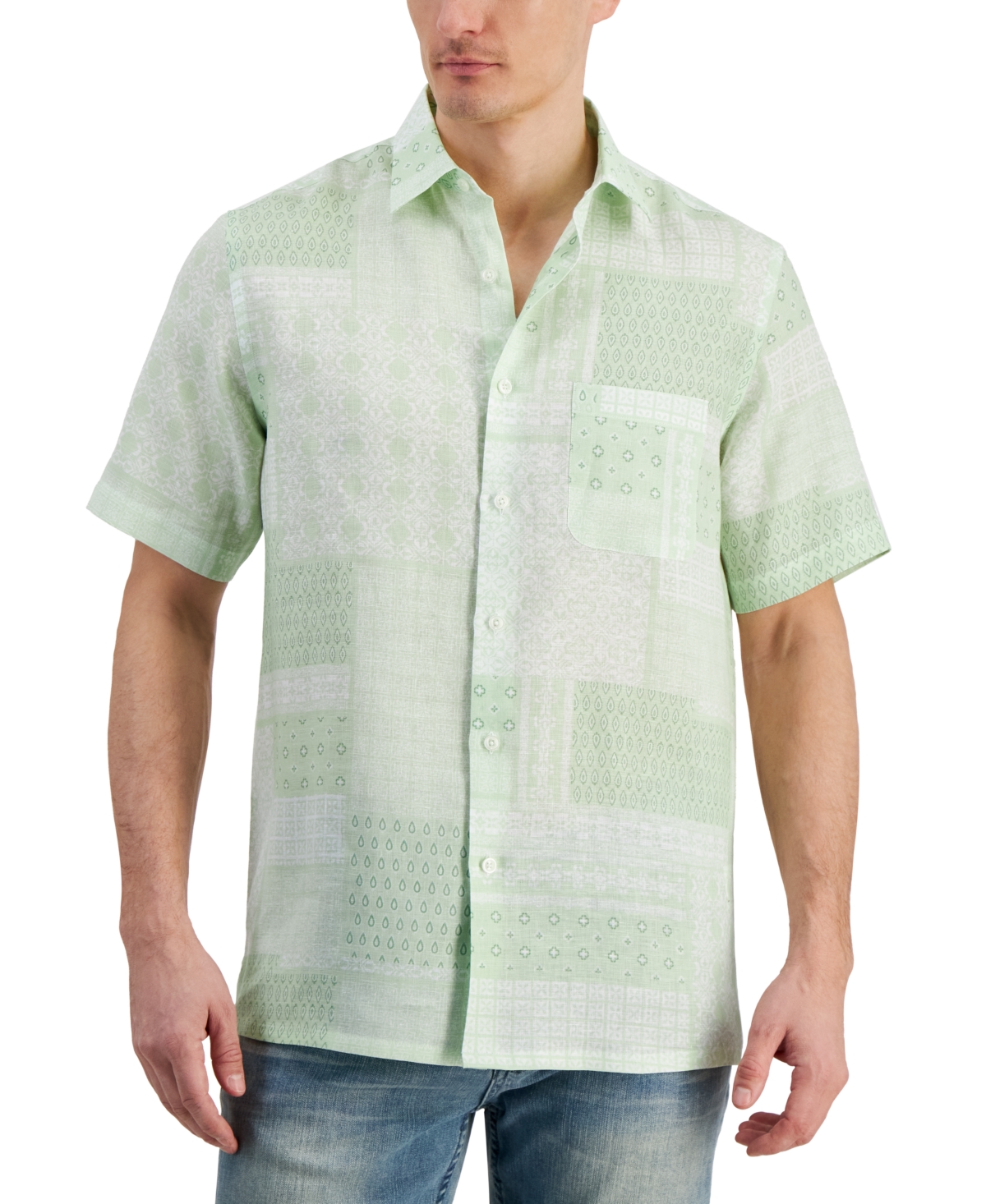 Men's Patchwork Geo-Print Short-Sleeve Linen Shirt, Created for Macy's - Young Eucalypts