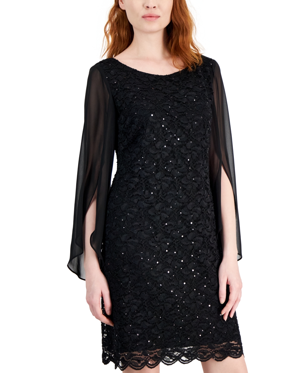 Connected Petite Round-Neck Long-Cape-Sleeve Lace Dress