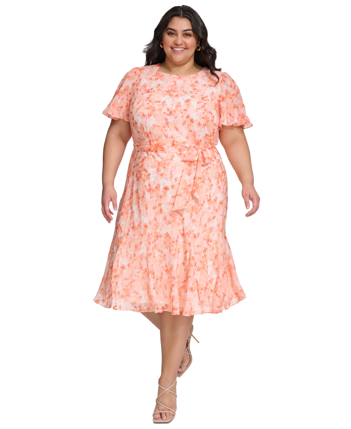 Dkny Plus Size Jewel-neck Short-sleeve Chiffon Dress In Orange Multi