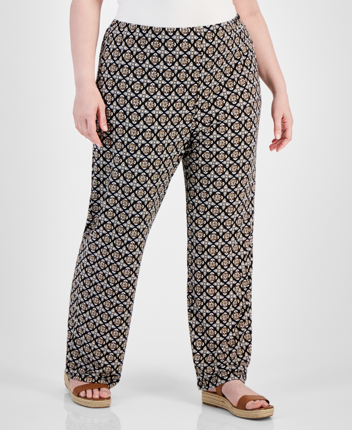 Plus Size Francesca Foulard Knit Pants, Created for Macy's - Deep Black Combo