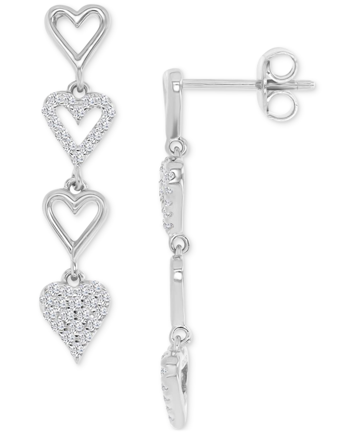 Cubic Zirconia Pave & Polished Hearts Linear Drop Earrings - Gold