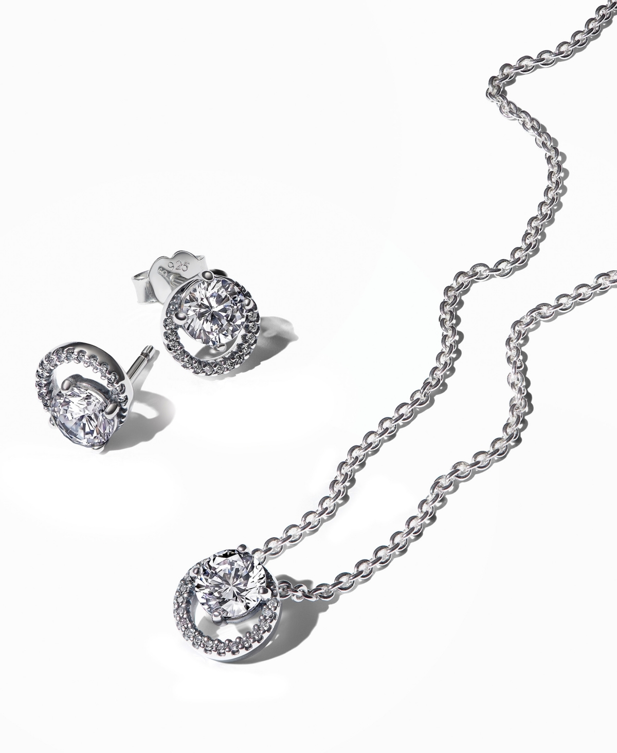 Sparkling Round Cubic Zirconia Stone Necklace and Heart Earring Gift Set - Silver