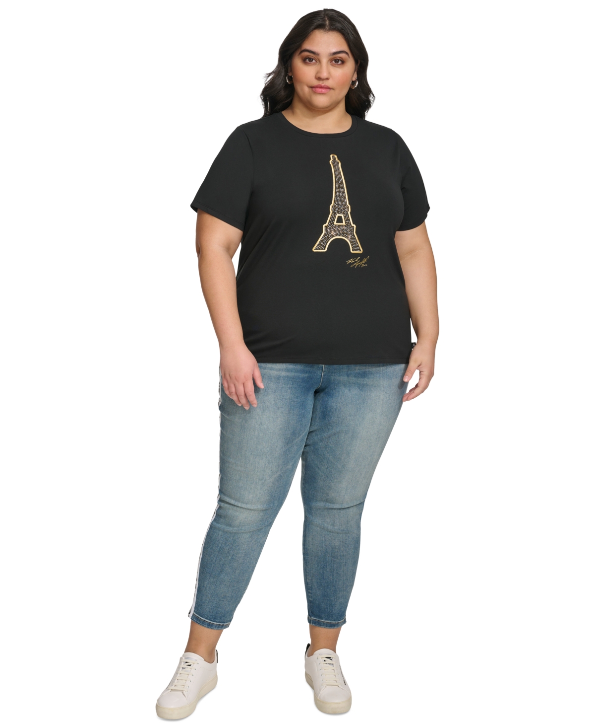 Karl Lagerfeld Paris Plus Size Eiffel Tower Embellished T-Shirt, First@Macy's -Gold