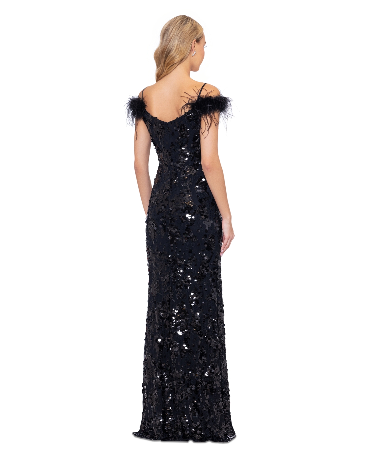 Shop Betsy & Adam Women's Sequined Feather-trim Gown In Black
