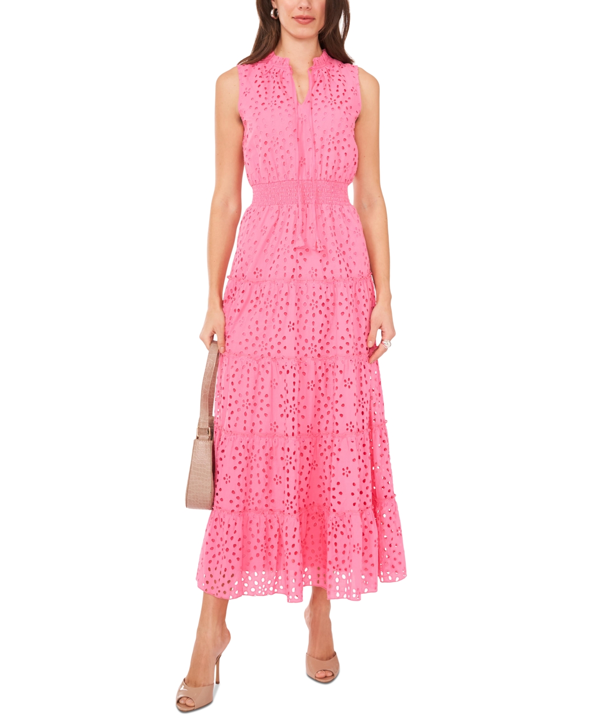 Shop 1.state Women's Eyelet Embroidered Cotton Sleeveless Split Neck Maxi Dress In Island Bloom