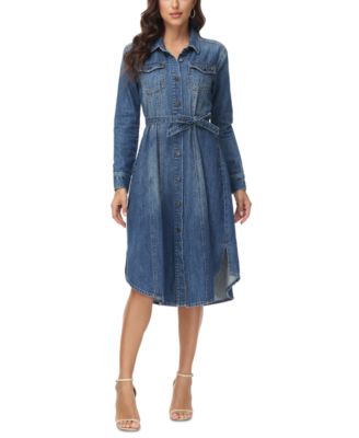 Frye - Women's Belted Denim Long-Sleeve Midi Shirtdress