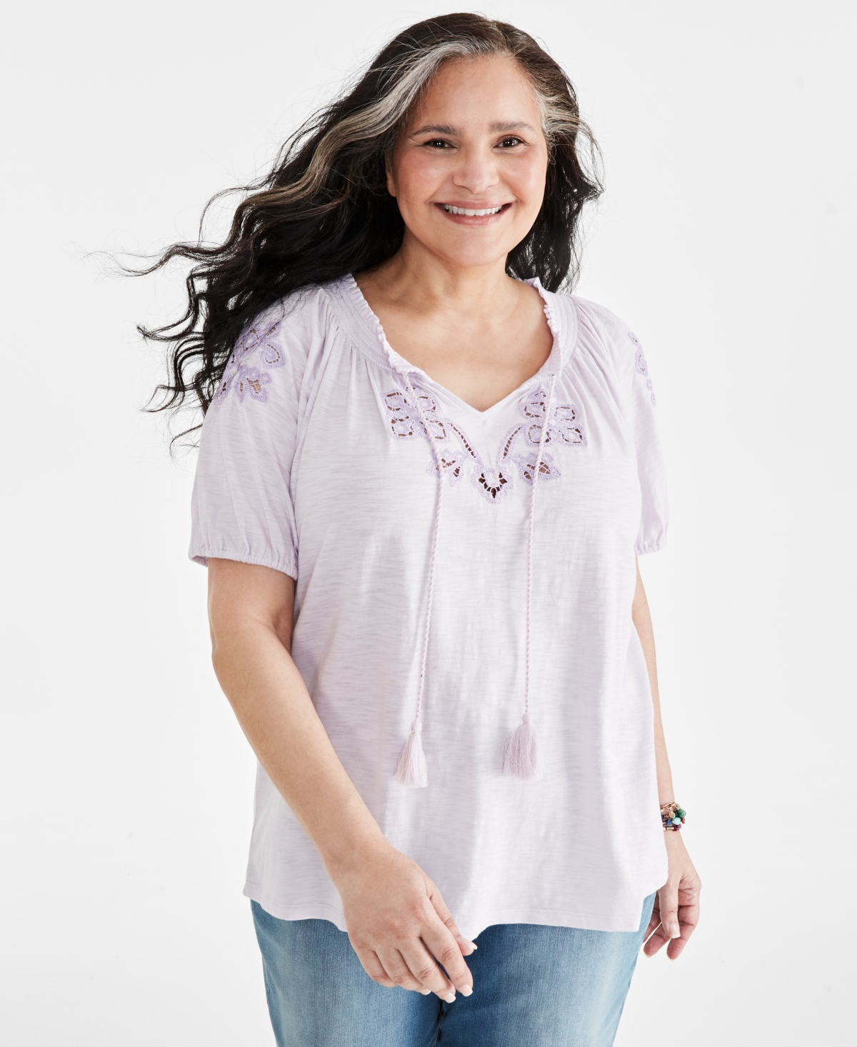 Shop Style & Co Plus Size Embroidered Split-neck Puff-sleeve Top, Created For Macy's In Sandy Lavendar