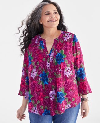 売れ筋商品|||スタイルアンドコー カットソー トップス レディース Plus Size Printed Pintuck Blouse, Exclusively at Macy's Sun Ocean 27143933_fpx.tif?$filterlrg$&