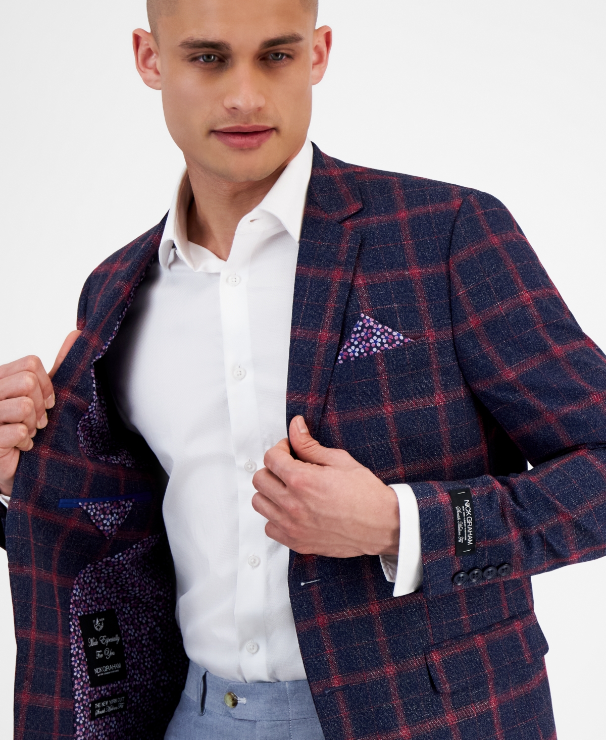 Nick Graham Men s Slim Fit Stretch Patterned Sport Coats Navy Plaid Smart Closet