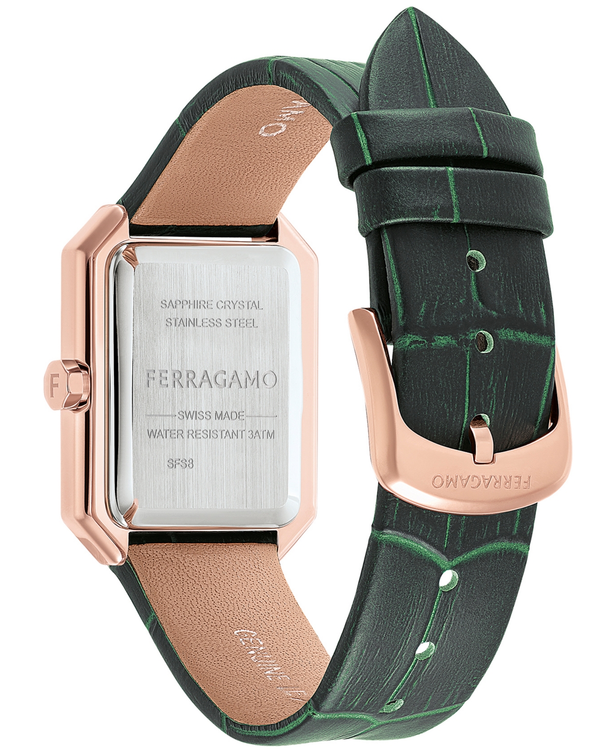 Shop Ferragamo Salvatore  Women's Swiss Green Leather Strap Watch 27x34mm In Rosegold