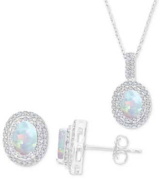 Macy's - 2-Pc. Set Lab-Grown Opal (1-1/6 ct. t.w.) & Lab-Grown White Sapphire (1 ct. t.w.) Oval Halo Pendant Necklace & Matching Stud Earrings in Sterling Silver