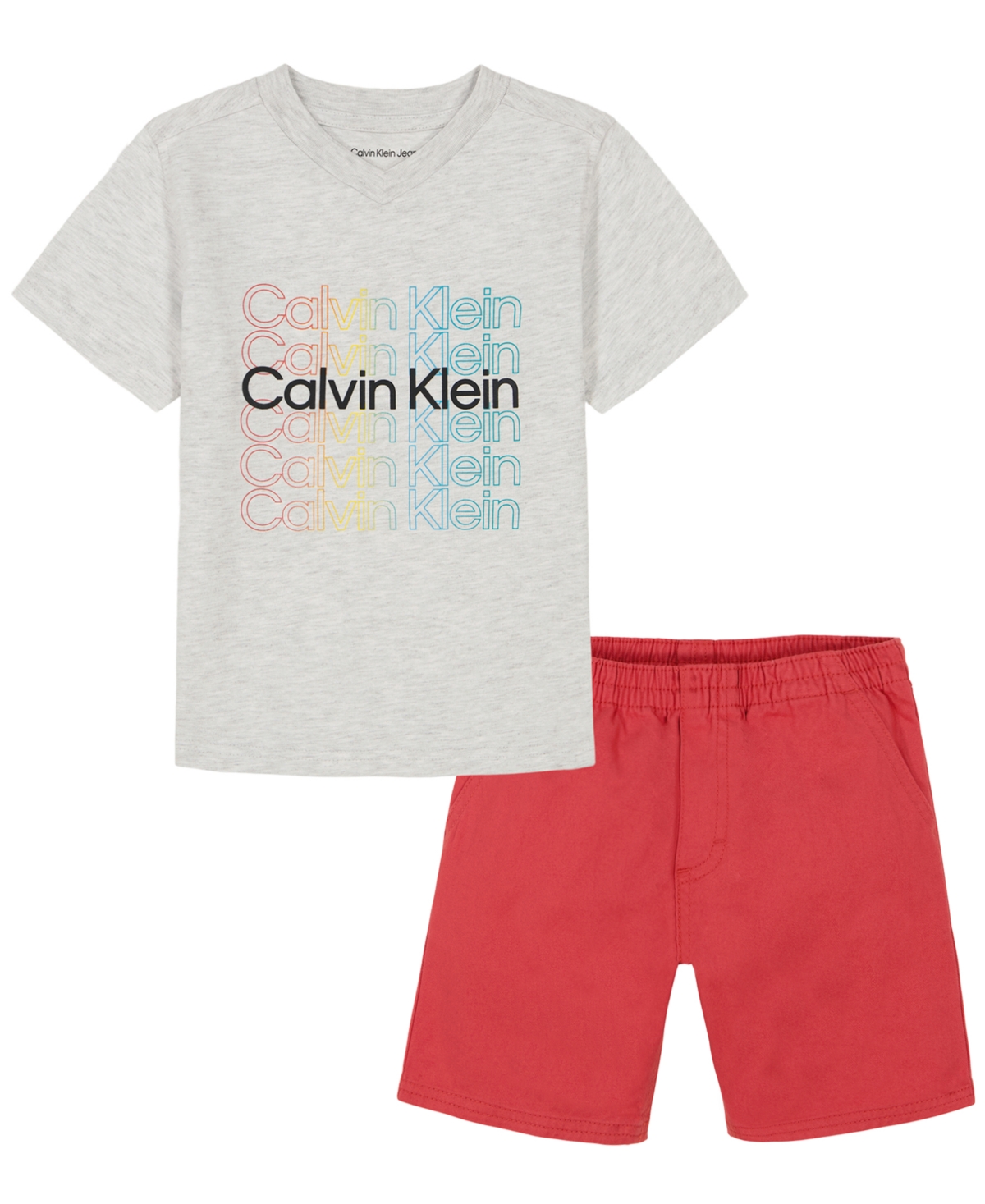 Calvin Klein Kids' Little Boys Repeat Logo V-neck T-shirt And Twill Shorts In Gray,red