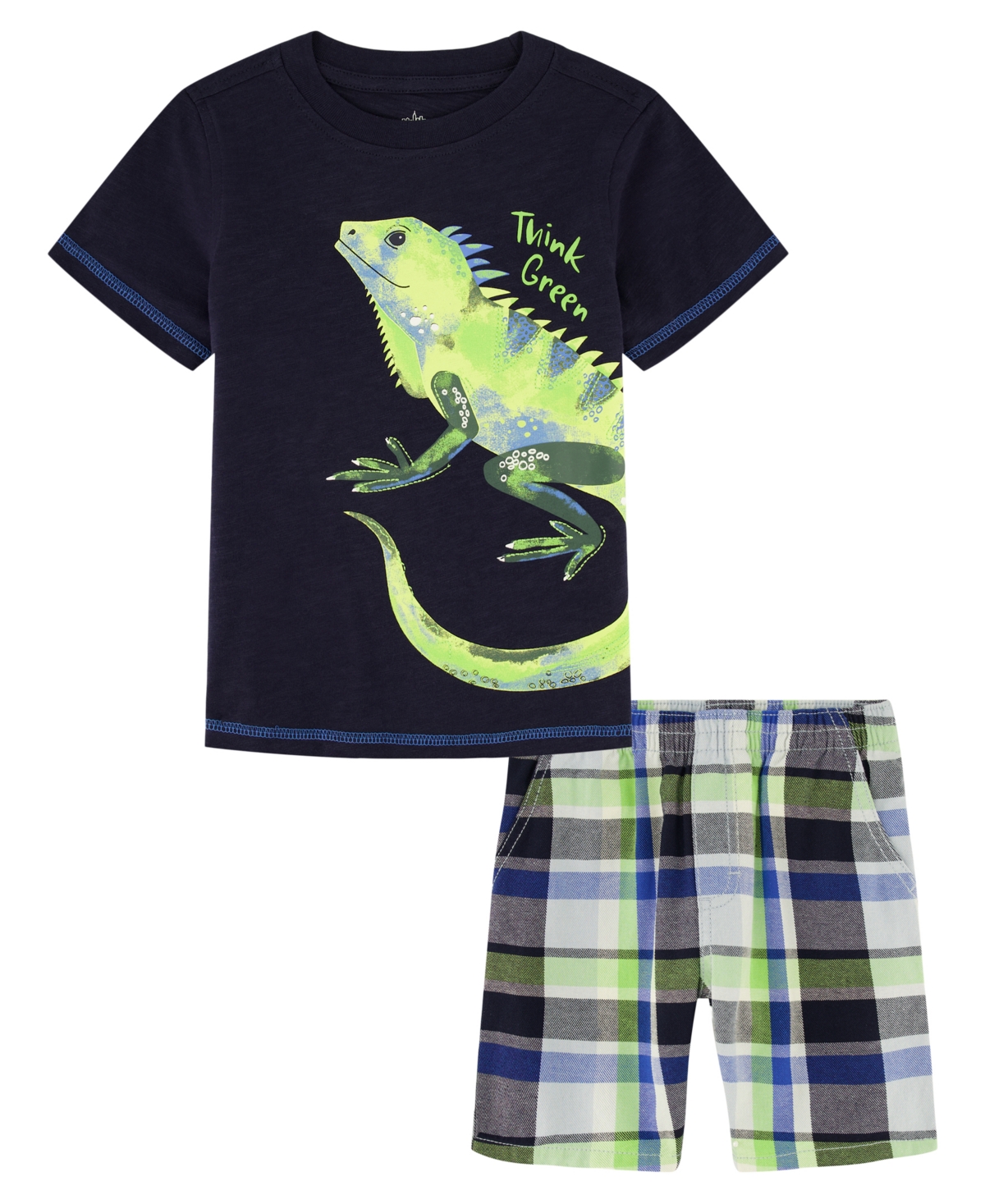 Shop Kids Headquarters Little Boys Short Sleeve Character T-shirt And Prewashed Plaid Shorts In Navy,plaid