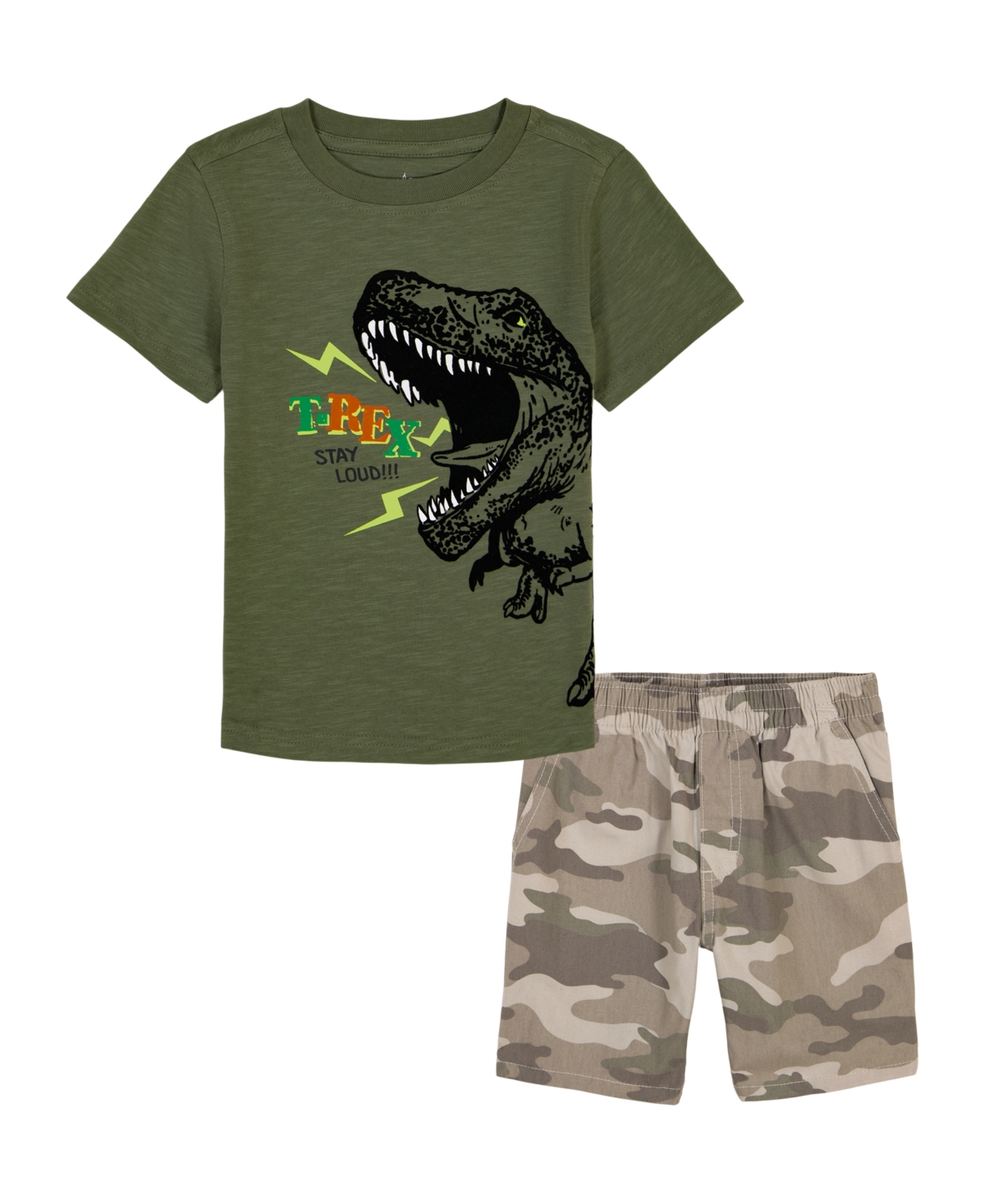 Kids Headquarters Kids' Little Boys Short Sleeve Dinosaur T-shirt And Prewashed Canvas Shorts Set In Gree,camo
