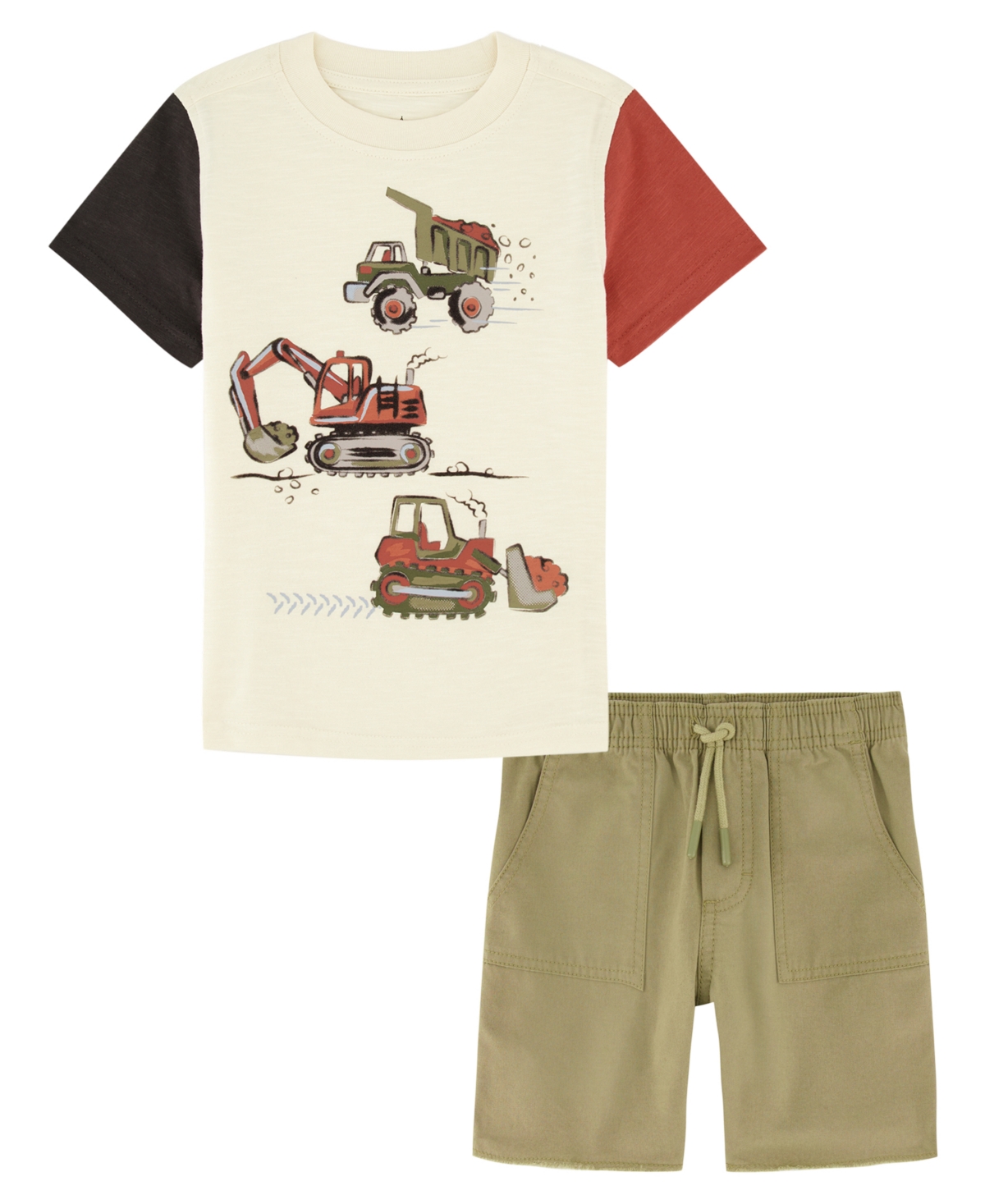 Kids Headquarters Kids' Little Boys Short Sleeve Colorblock T-shirt And Prewashed Canvas Shorts Set In Khaki,olive