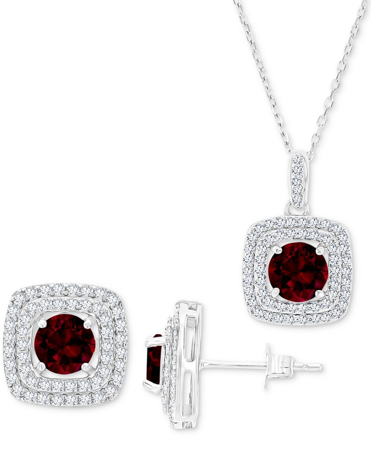 2-Pc. Set Lab-Grown Garnet (3-7/8 ct. t.w.) & Lab-Grown White Sapphire (7/8 ct. t.w.) Square Halo Pendant Necklace & Matching Stud Earrings in Sterlin