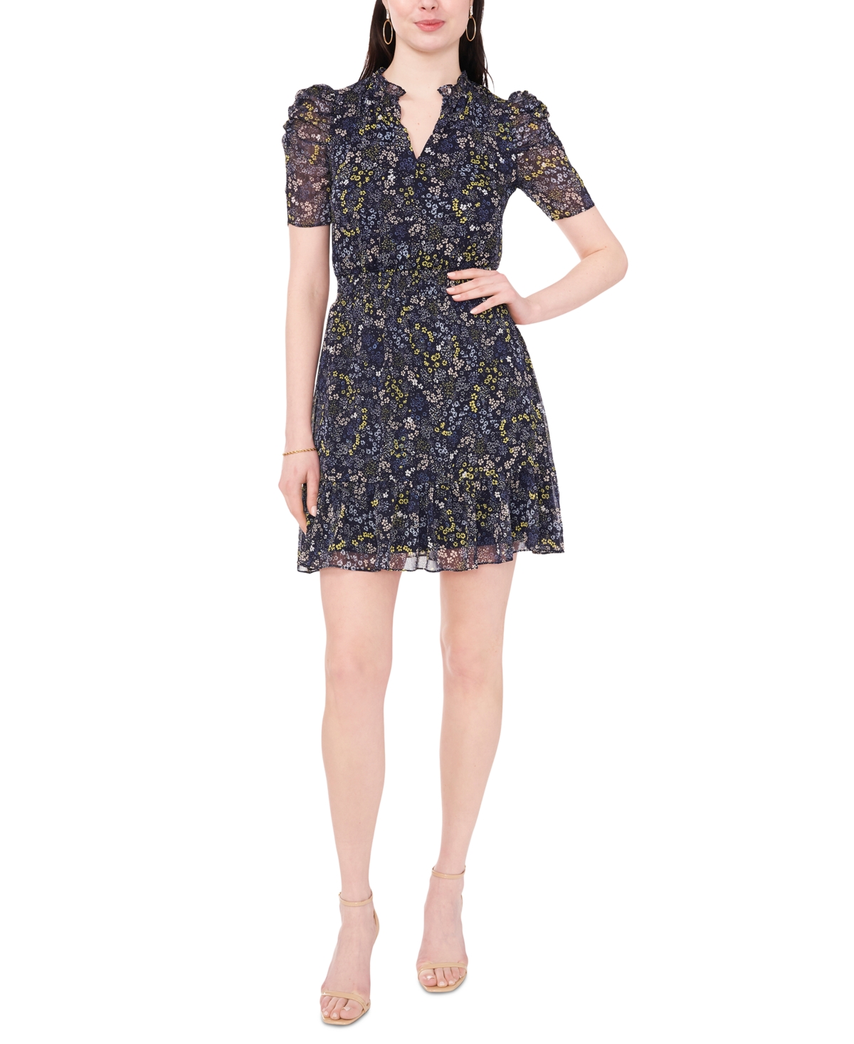 Shop Msk Petite Floral Print Ruched Sleeve Fit & Flare Dress In Denim,yellow