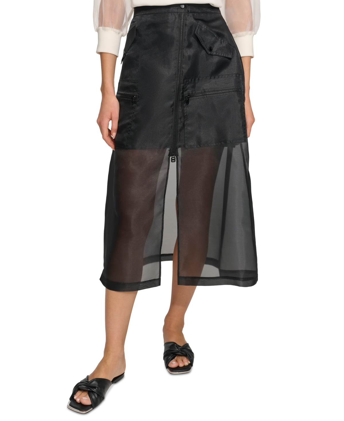 Shop Dkny Women's Organza Cargo Skirt In Black