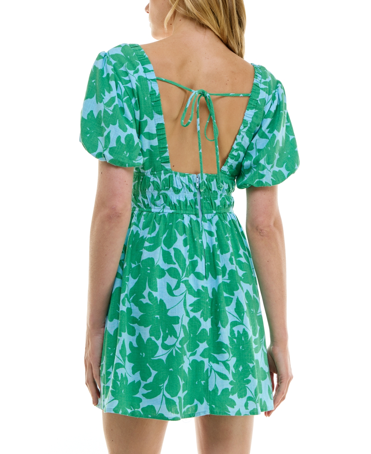 Shop Trixxi Juniors' Floral-print Ruched-waist Puff-sleeve Dress In Bluegreen