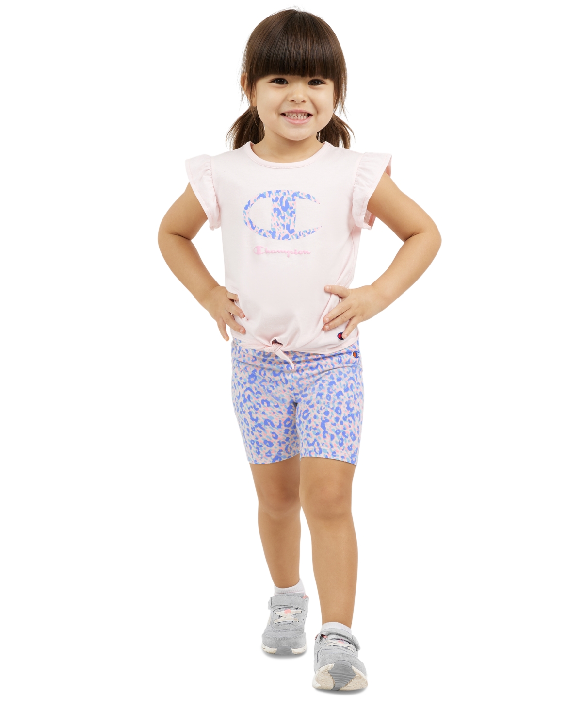 Shop Champion Little Girls Logo-graphic Flutter-sleeve T-shirt & Bike Shorts, 2 Piece Set In Blush