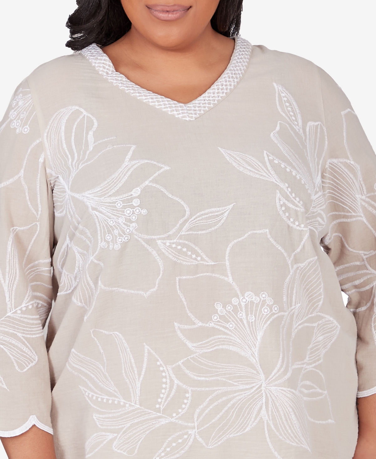 Alfred Dunner Plus Size Garden Party V-neck Embroidered Floral Top