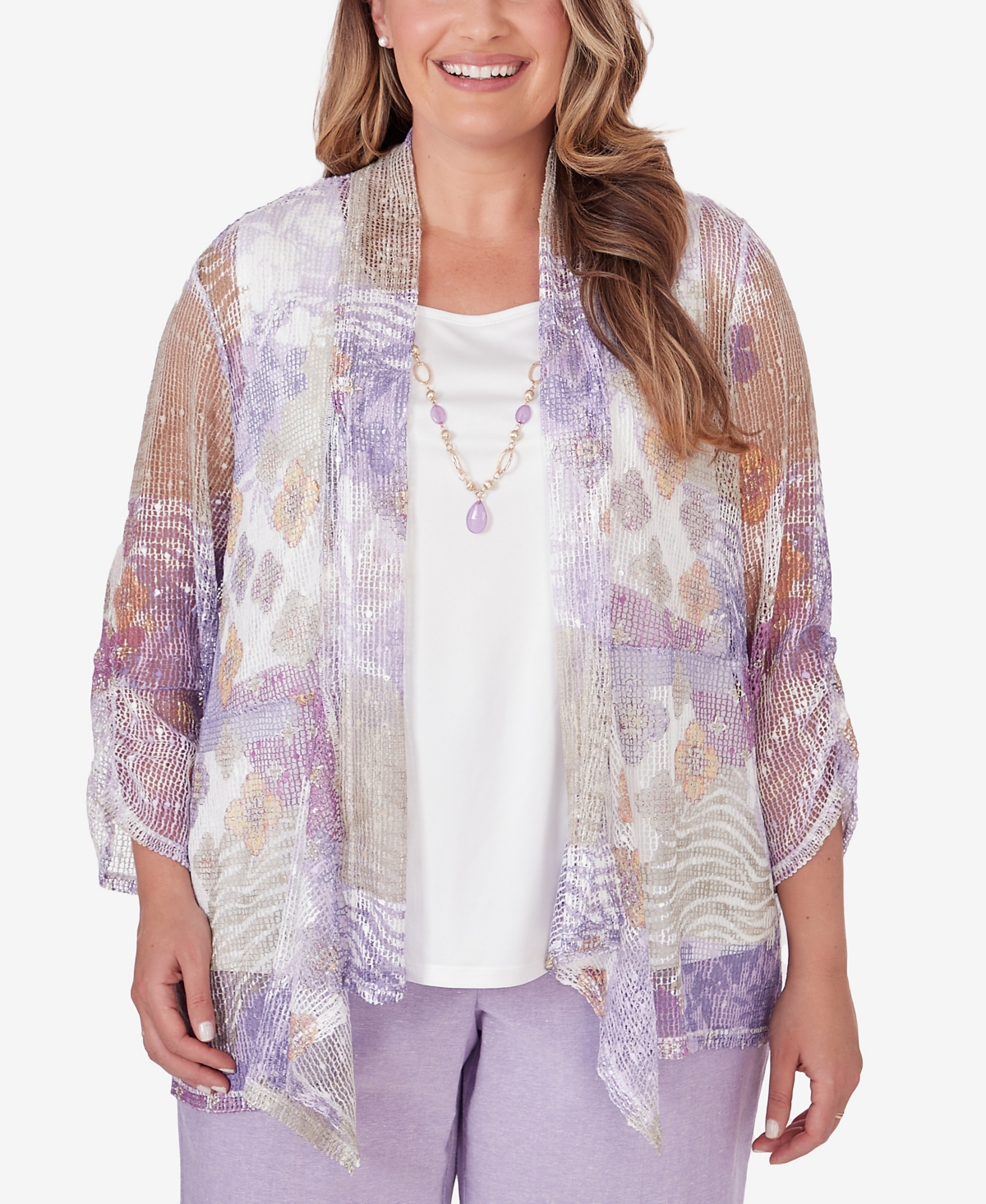 Shop Alfred Dunner Plus Size Garden Party Popcorn Mesh Two In One 3/4 Sleeve Top In Multi