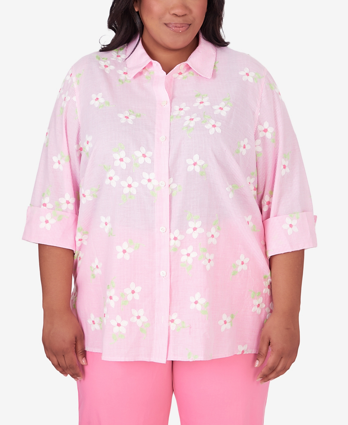 Shop Alfred Dunner Plus Size Miami Beach Pinstripe Floral Embroidery Blouse In Pink