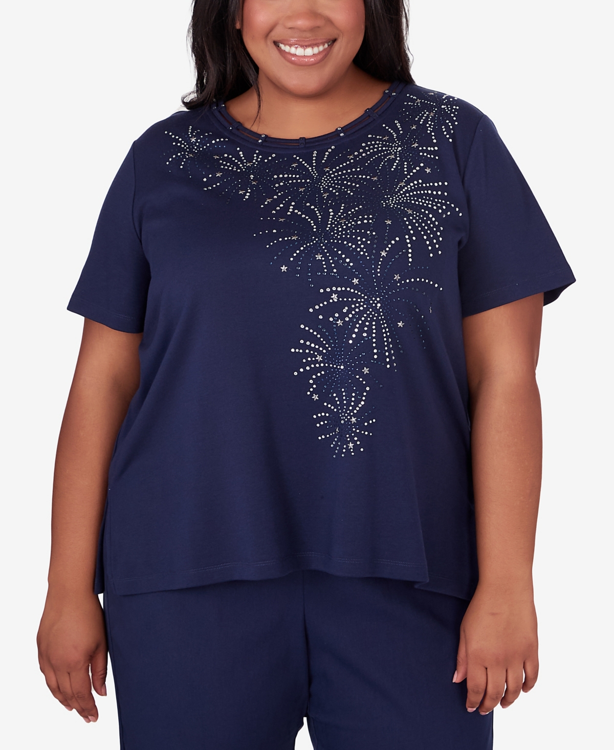 Shop Alfred Dunner Plus Size All American Embellished Beaded Firework Top In Navy