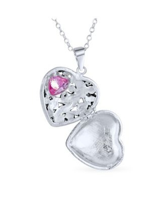 Butterfly Marcasite Pink CZ Heart Locket Necklace Rose Gold Sterling Silver