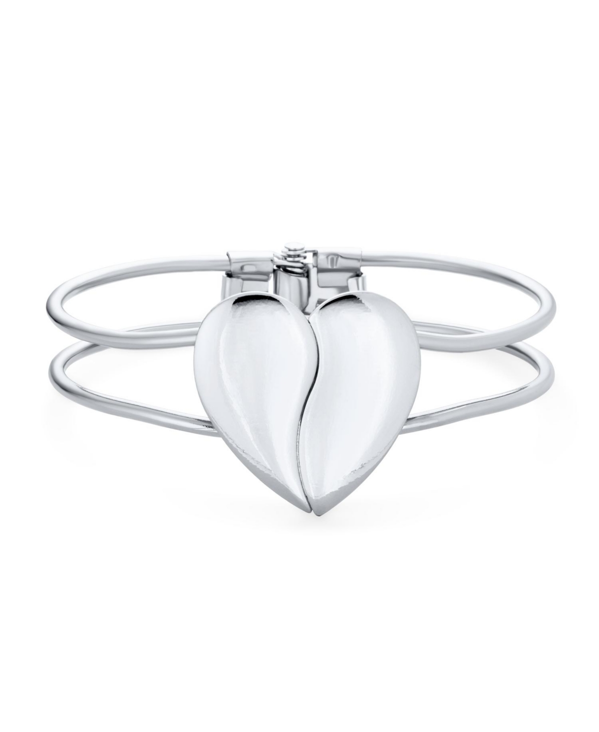 Split Heart Wide Bangle Cuff Bracelet Rose Gold Tone Metal Hinge Opening - Silver tone