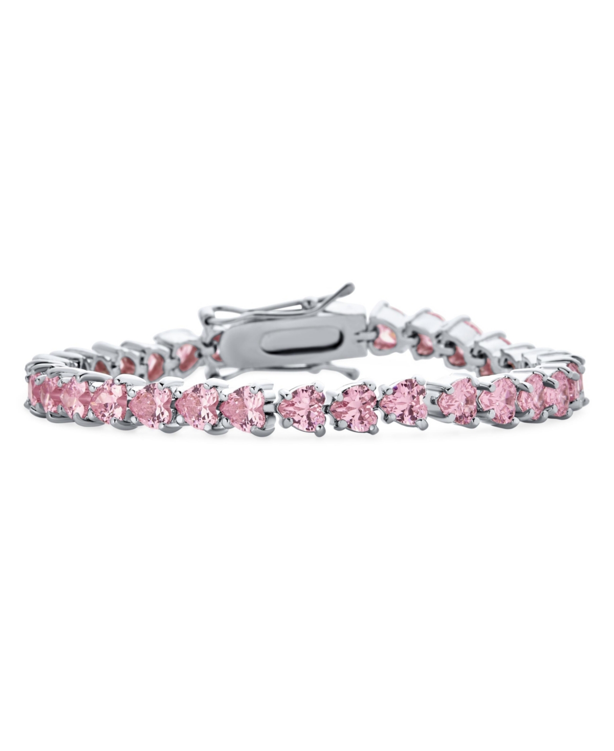 Romantic Cz Hearts Shape Tennis Bracelet Silver Plated Rhodium 7-7.5 Inch - Pink