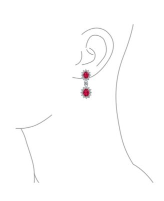Art Deco Style Crown Halo Oval Cubic Zirconia Red CZ Fashion Dangle Drop Earrings Rhodium Plated Brass