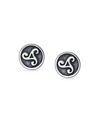 Ancient Circle Round Disc Spiral Small Celtic Irish Trinity Symbol Triskele Stud Earrings Oxidized Sterling Silver