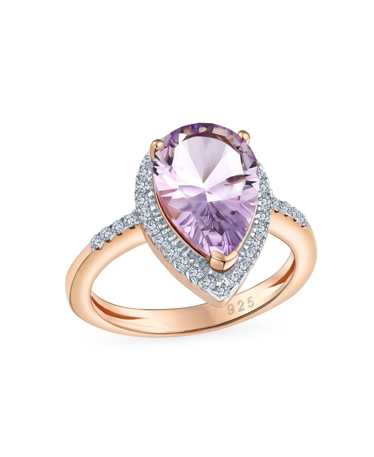 3.75CTW Zircon Pave Halo Pear Shape Teardrop Gemstone Engagement Ring Pink Amethyst Statement Ring Rose Gold Overlay .925 Sterling Silve