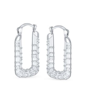 Boho Lightweight Large Rectangle Texture Bamboo Hoop Earrings Matte Sterling Silver 1 Inch Diameter