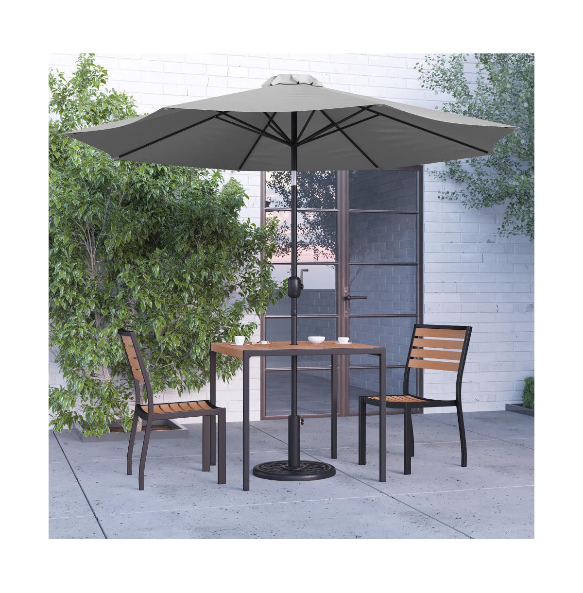 Forrest Five Piece Faux Teak Patio Dining Set - Table, Two Armless Stacking Club Chairs,Umbrella And Base - Gray