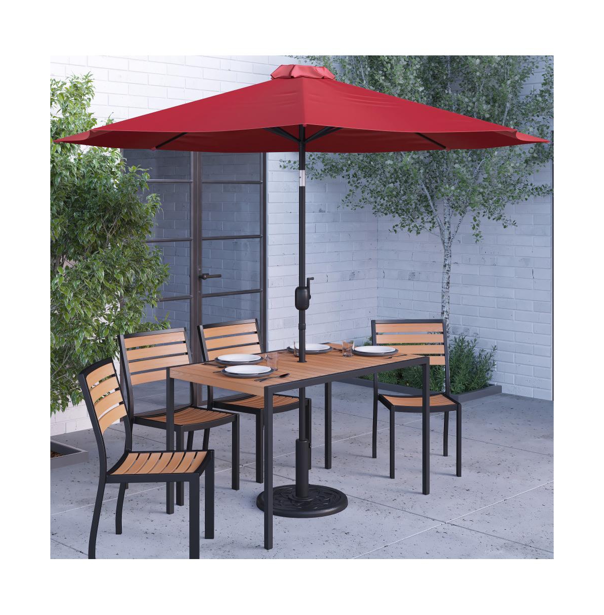 Calle 7 Piece Outdoor Faux Teak Poly Slat Outdoor Furniture Set - Table, 4 Chairs And Patio Umbrella And Base