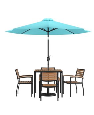 Hampstead Seven Piece Faux Teak Patio Dining Set Includes Table, Four Club Chairs, 9' Patio Umbrella And Base